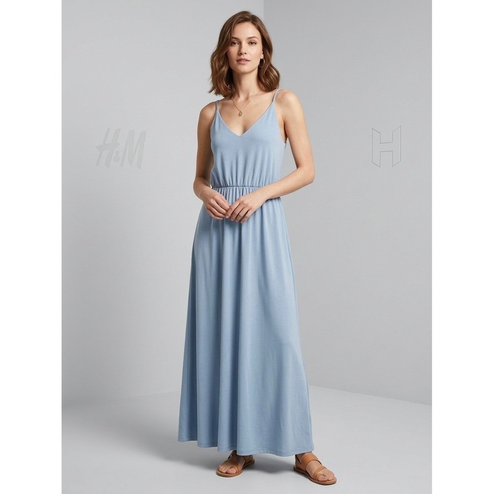 HM Light Blue V-Neck Maxi Dress Spaghetti Strap Elastic Waist 10676465 Small